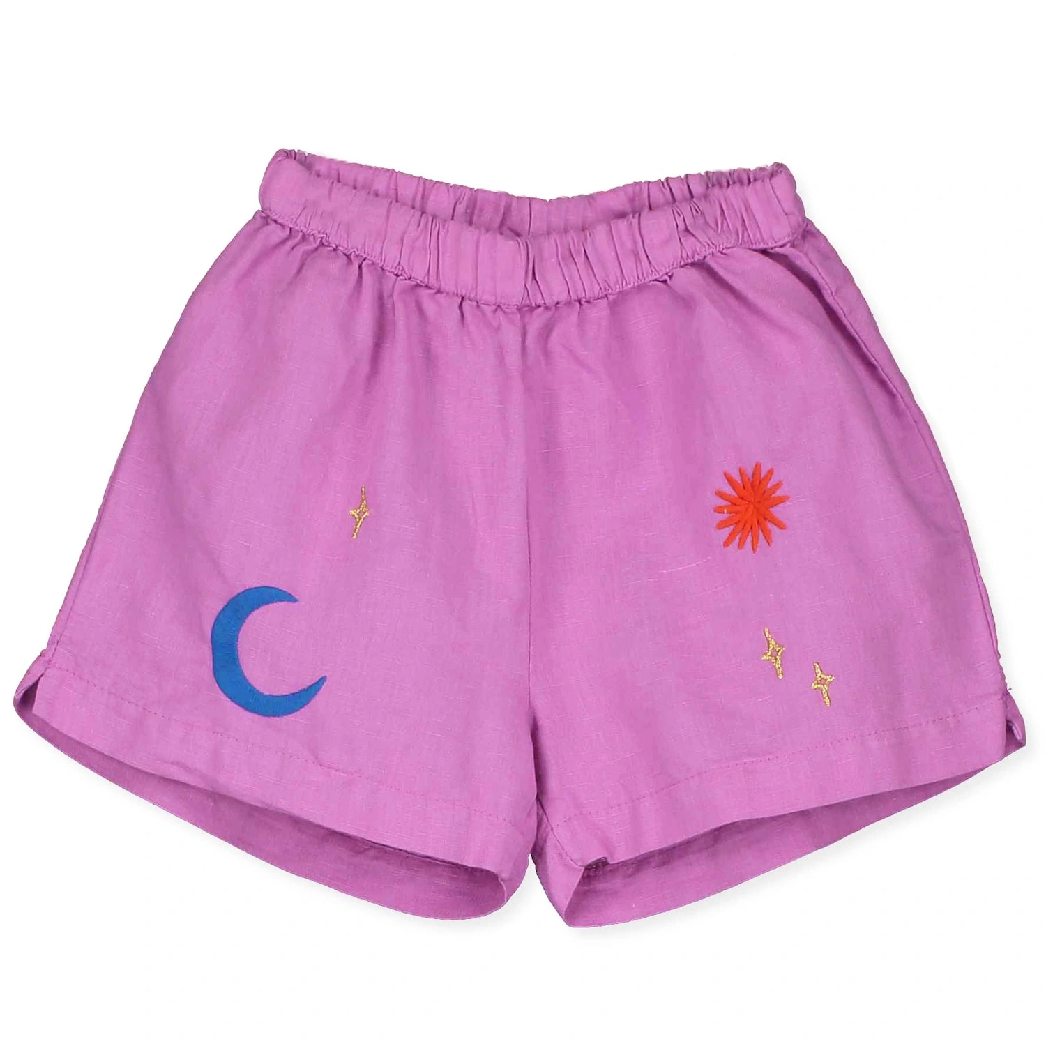 alt="Kids summer linen shorts magenta colour with moon and stars embroidery".