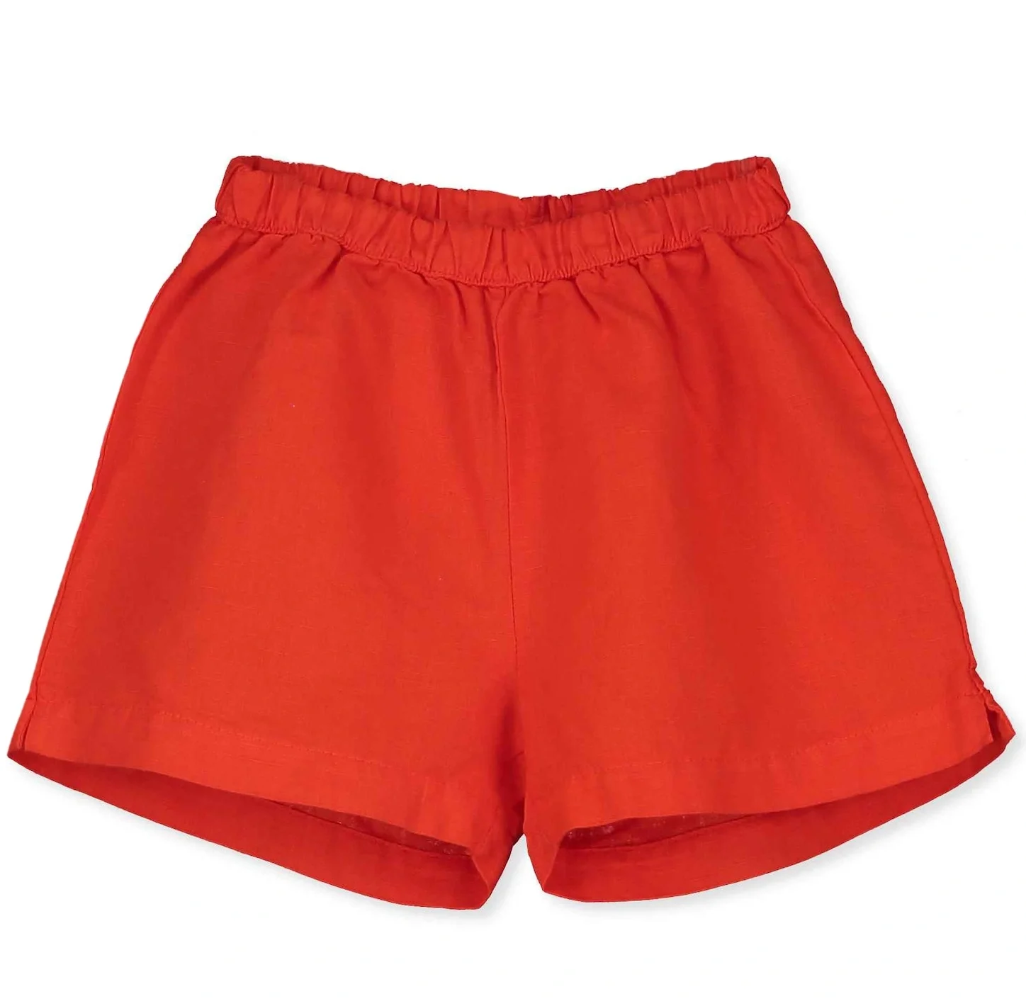alt="Kids summer linen shorts red coral colour with flowers embroidery".
