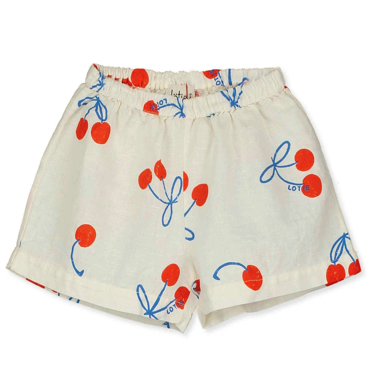 alt="Kids summer linen shorts off white colour with cherries print".