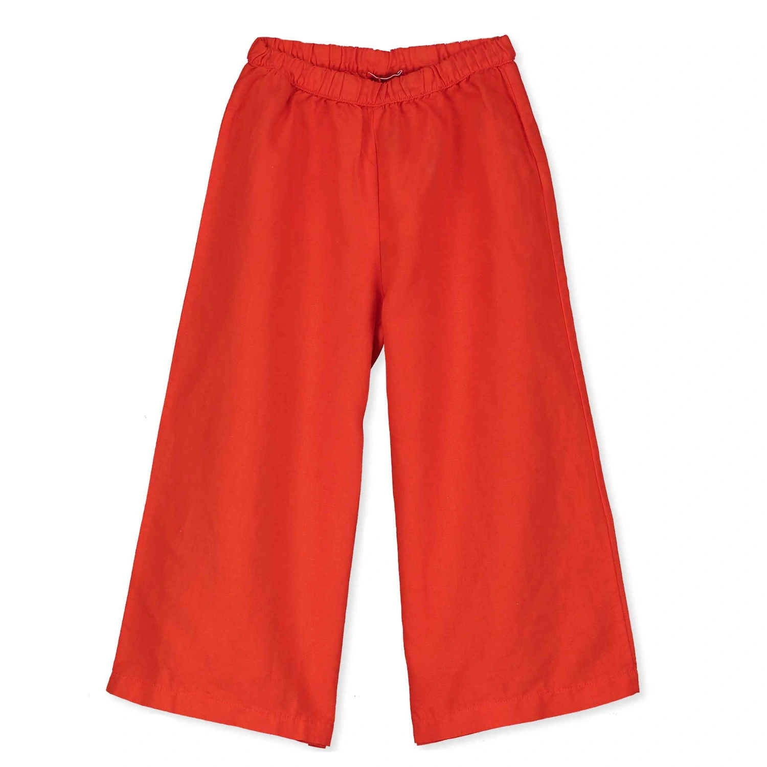 alt="Kids summer linen trousers coral red colour with flowers embroidery".