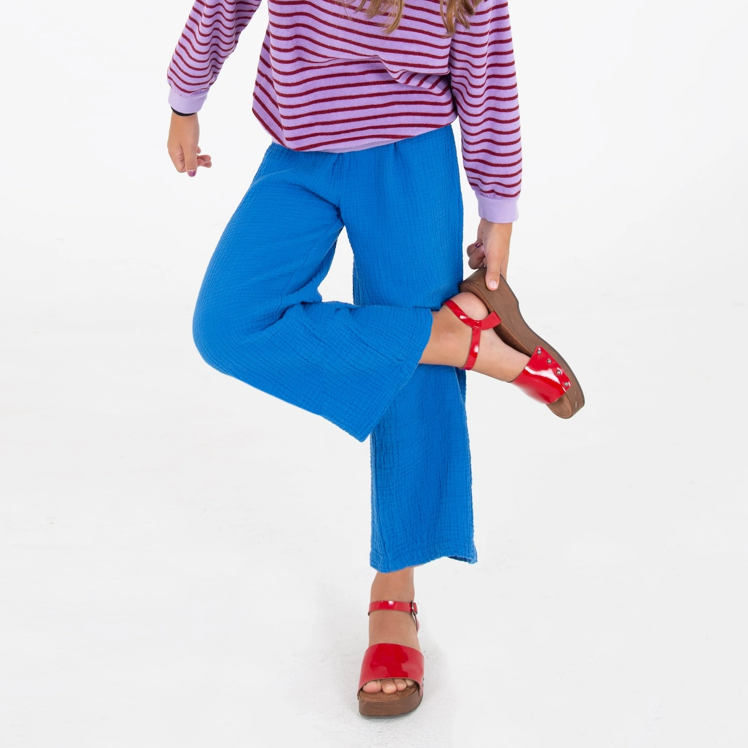 alt="Kids summer royal blue trousers with cherries embroidery".