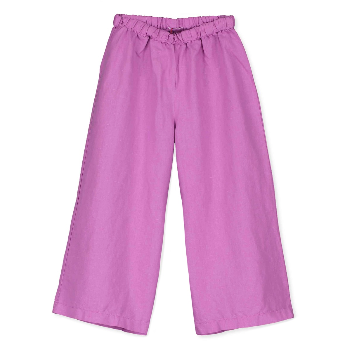 alt="Kids summer linen trousers magenta colour with moon and stars embroidery".