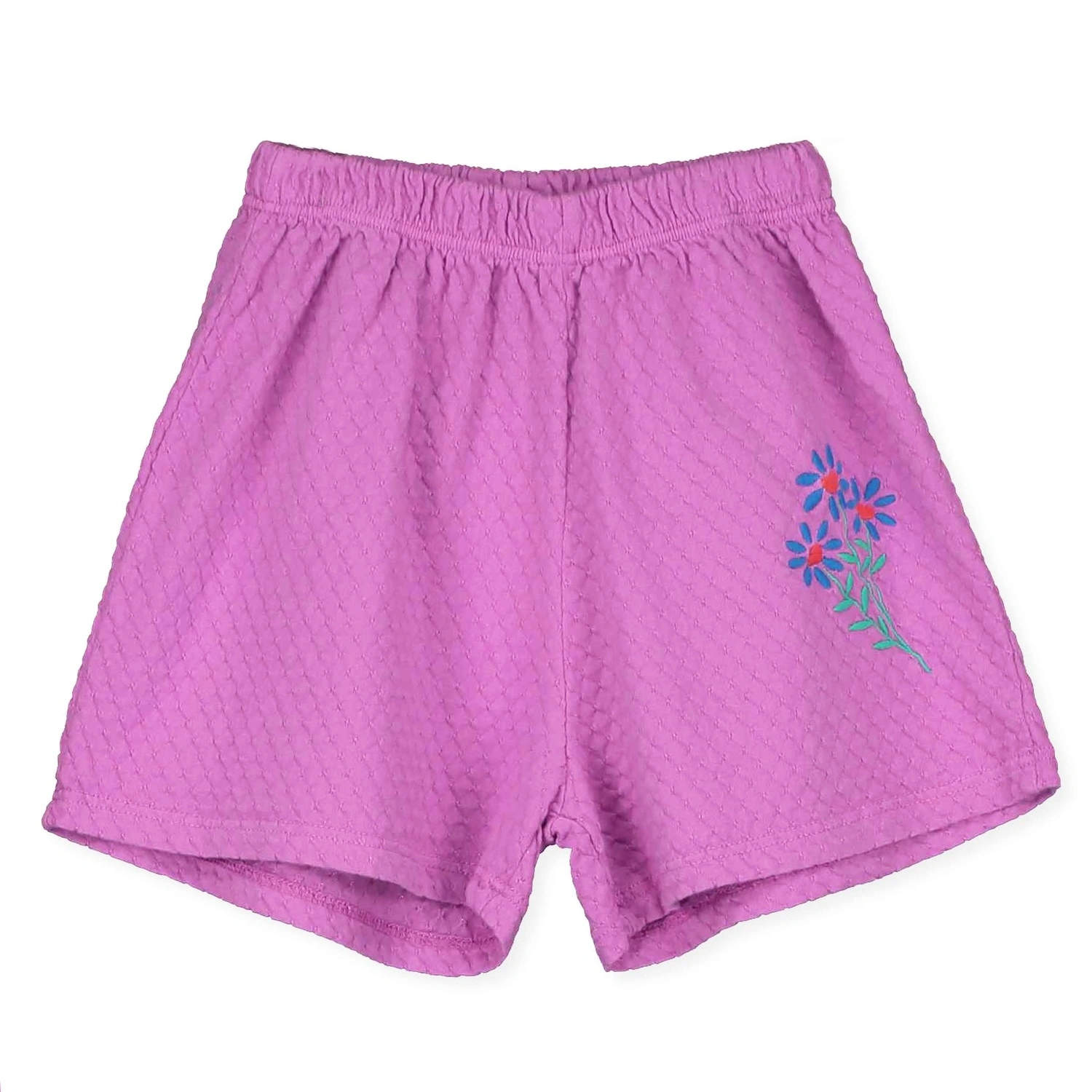 alt="Kids summer shorts magenta colour with flowers embroidery at back ".
