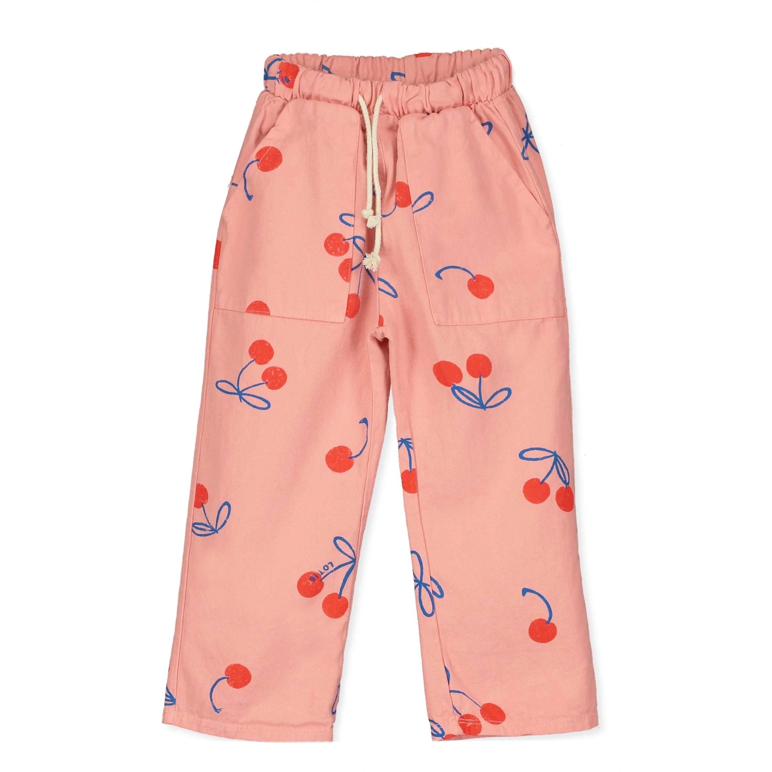 alt="Kids summer twill trousers pale pinkcolour cherries print".