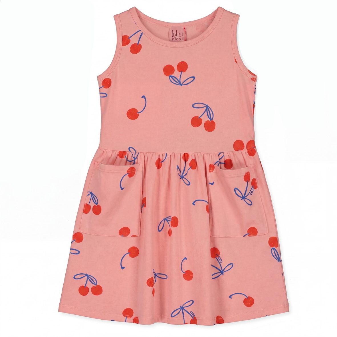 alt="Kids summer dress clay pink colour with all over cherries print ".