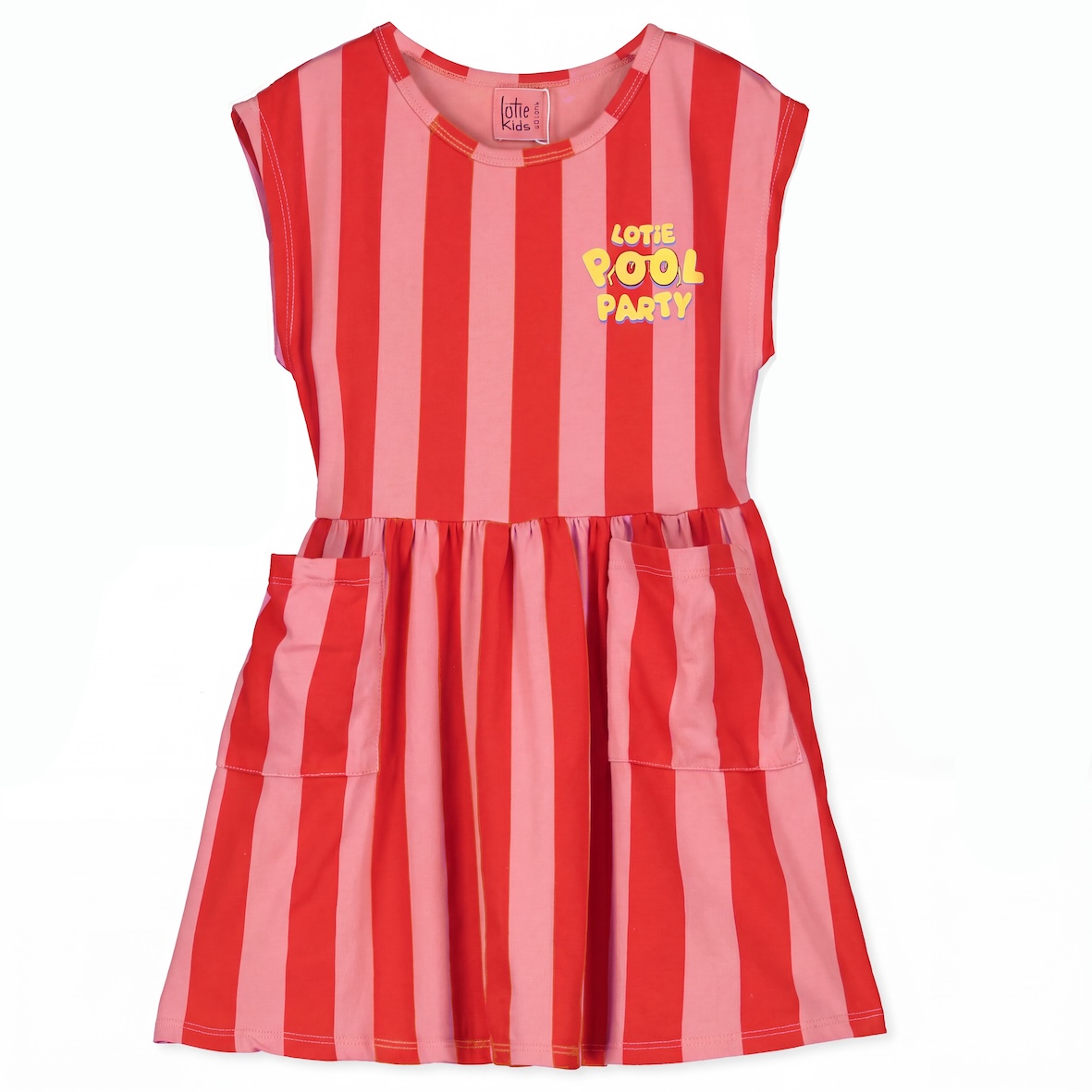 alt="Kids summer dress clay pink & red stripes colour".
