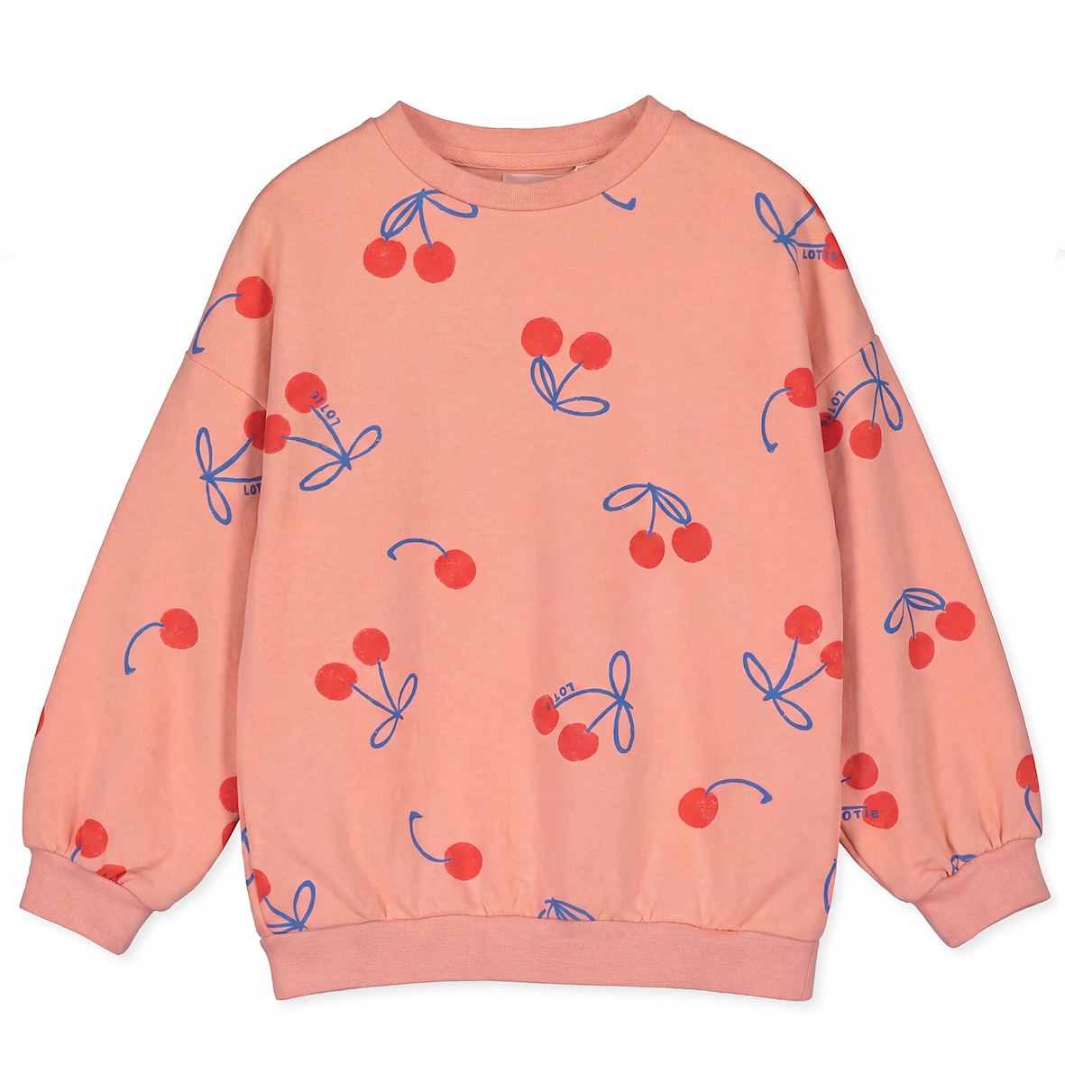 alt="Kids summer sweatshirt clay pink colour with all over cherries print ".